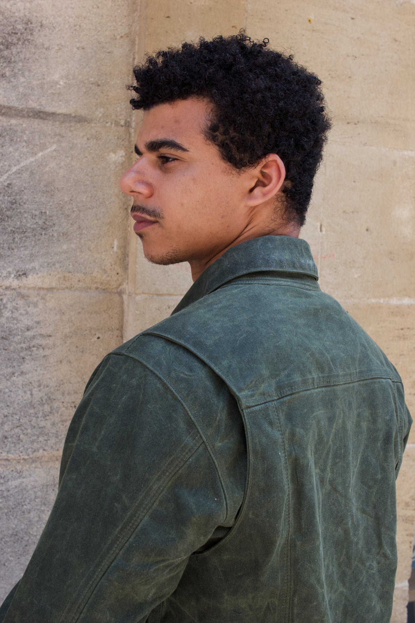 view from the back of RJ1 waxed Jacket from Freenote cloth