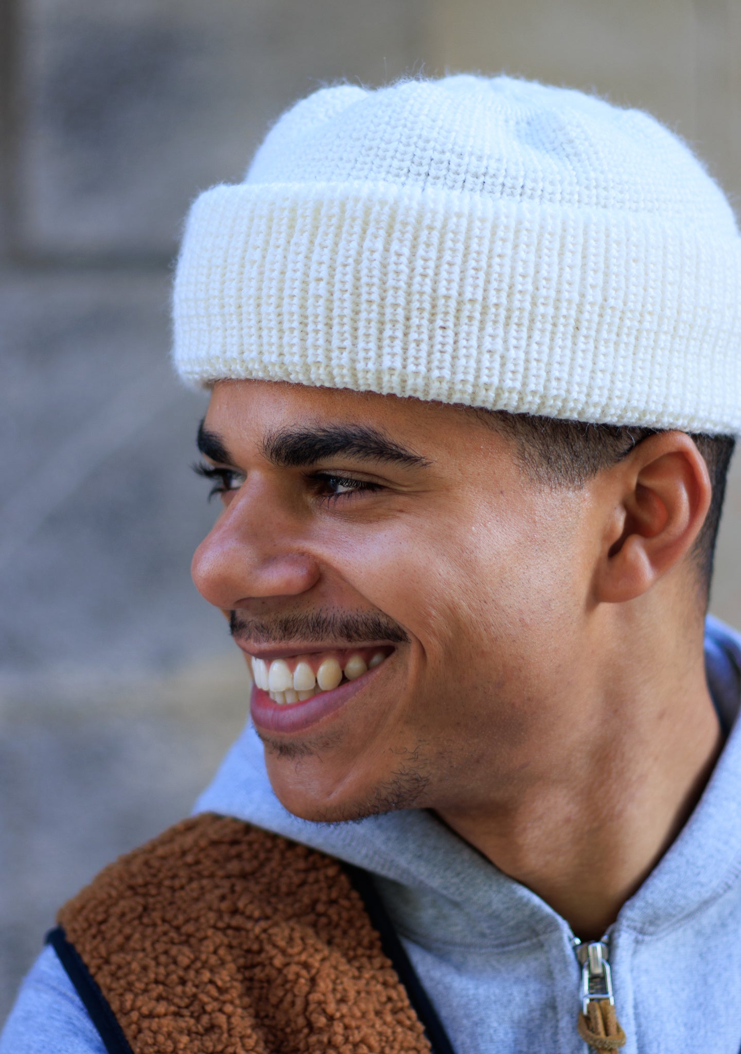Lionel is wearing the heimat mechanic beanie in virgin wool